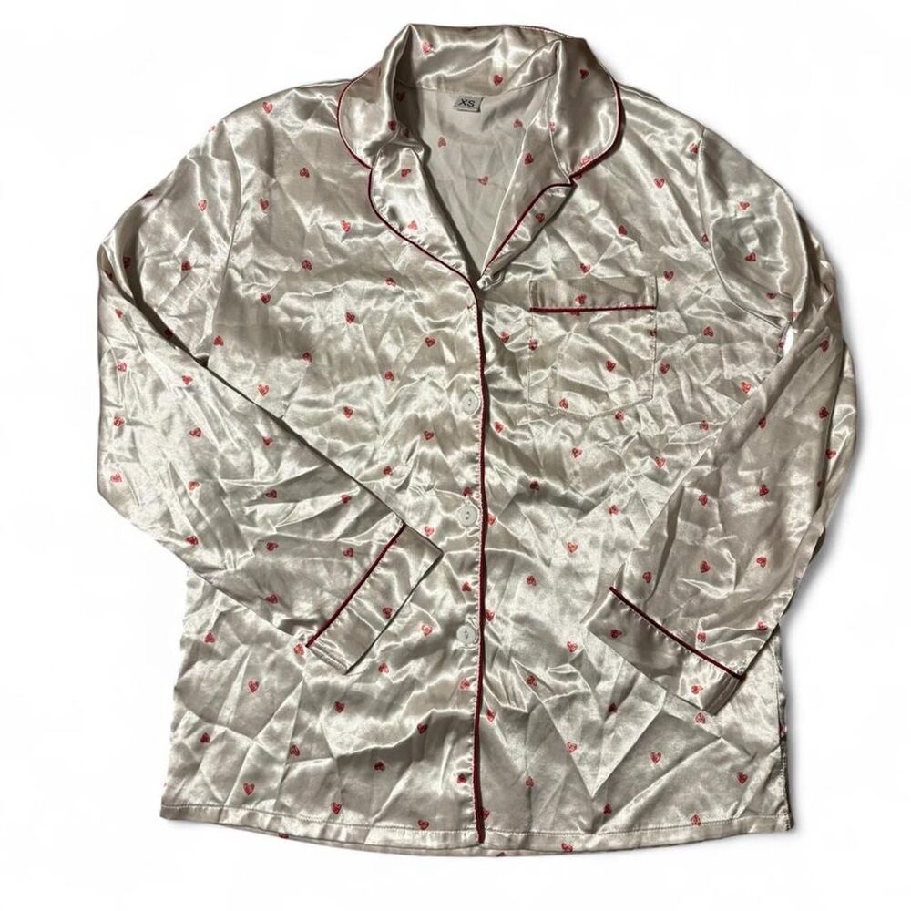 White Satin Heart Print Sleep Shirt Button Front Red Piping S/XS